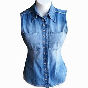 Vintage American People Sleeveless Snap Pearl Buttons Denim Boho Western Top S